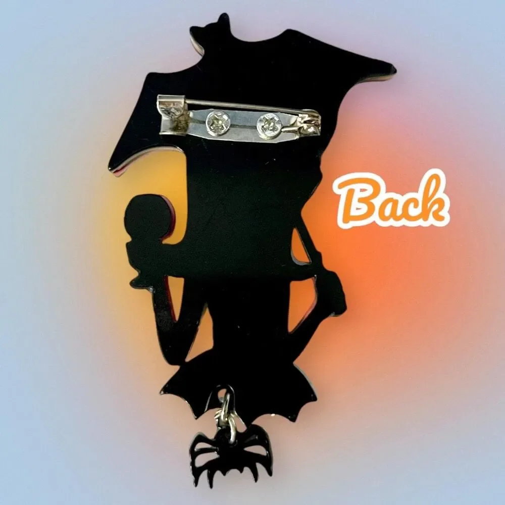 Halloween Cute Bat Umbrella Gothic Girl Brooch Pin - Goth or Punk